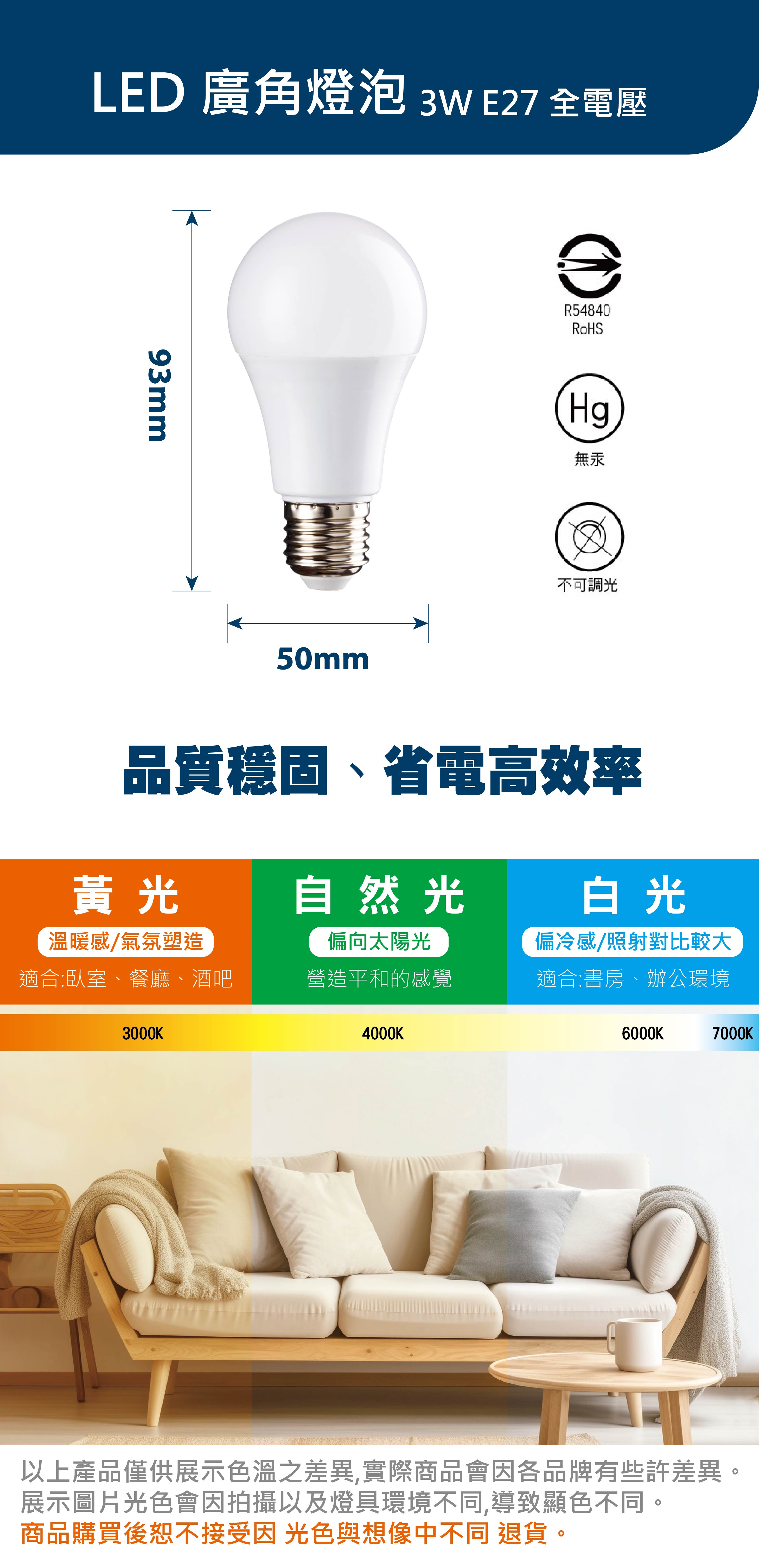 E極亮 LED廣角燈泡 3W E27 全電壓